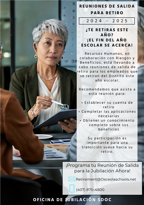 Photo of retirement meeting. This photo has verbiage encouraging employees to get appointments for exit meetings in Spanish